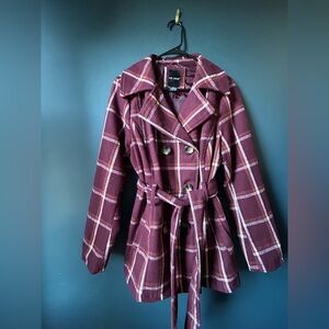 Me Jane Burgundy Plaid Peacoat | Women’s XL | Tie Waist